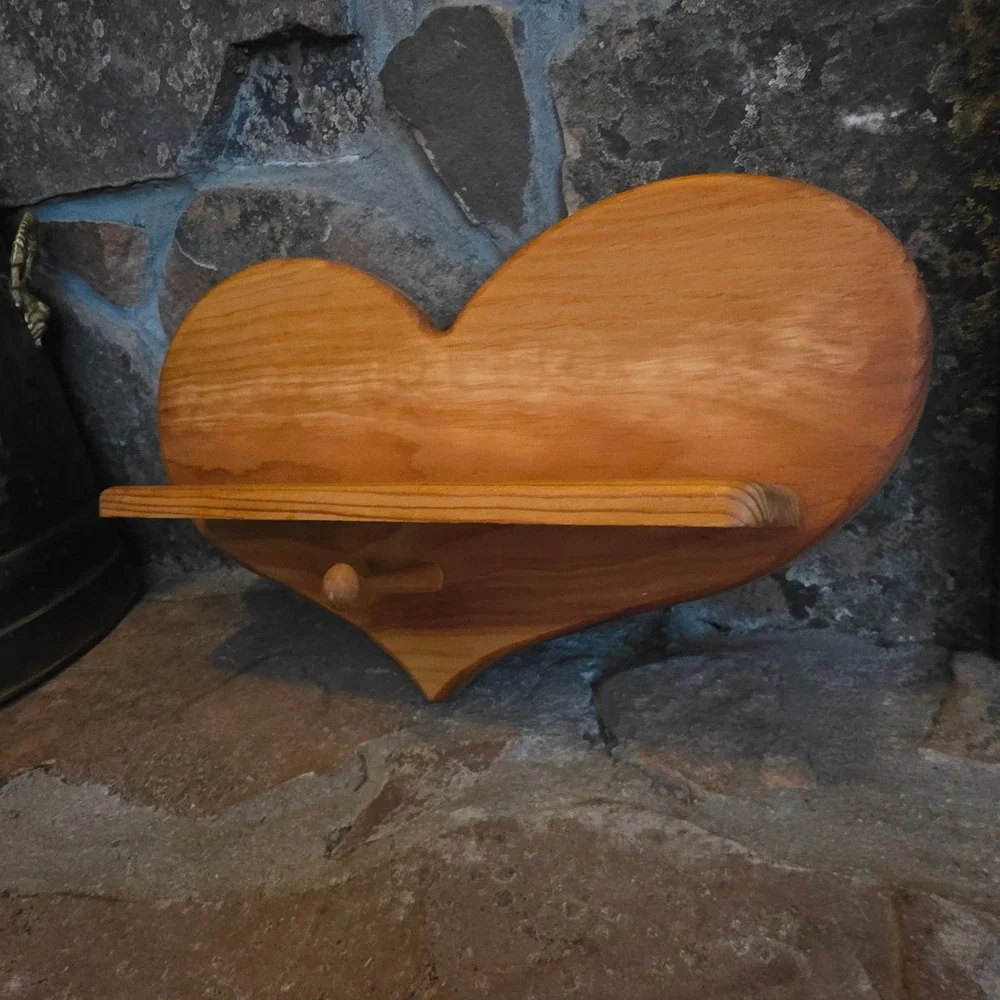 Vintage Handmade Heart Shaped Wood Wall Shelf with Peg Farmhouse Decor 16in
